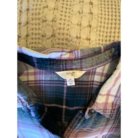 Terra & Sky Flannel Shirt Plus Size 1X Top Plaid Purple Pink Womans Button down - Picture 5 of 7